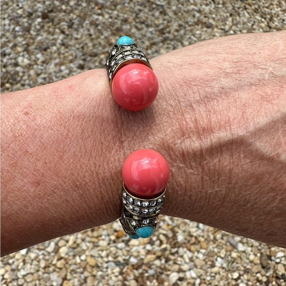 Heidi Daus Coral and Turquoise Hinged Bangle on a Gold toned Backdrop - Picture 6 of 9